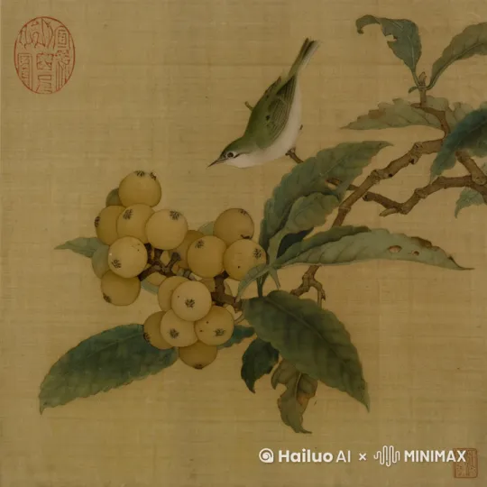 鸟一直啄食枇杷果，枇杷果及其树叶随之上下摇动，但枇杷果及其树叶不能脱离树枝，枇杷果也不能出现滚动或者消失的情况 by Hailuo AI Video Generator