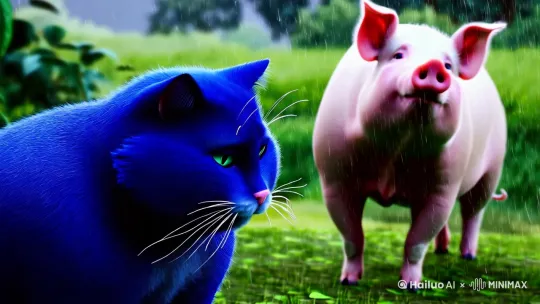 蓝色的胖猫下看着一只双腿站立的猪在雨中面朝天 by Hailuo AI Video Generator