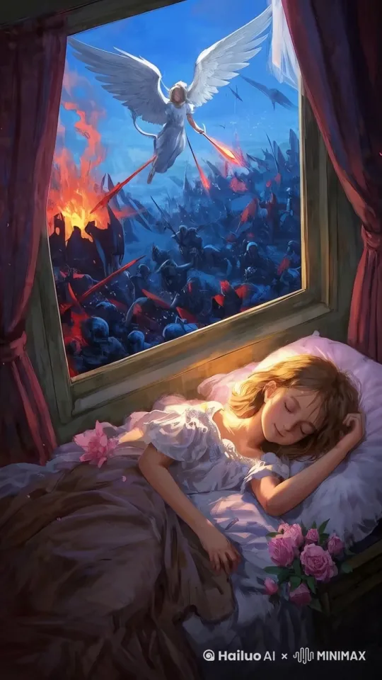 窗外在战斗，但是女孩睡得香甜，天使不会让恶魔靠近她 by Hailuo AI Video Generator