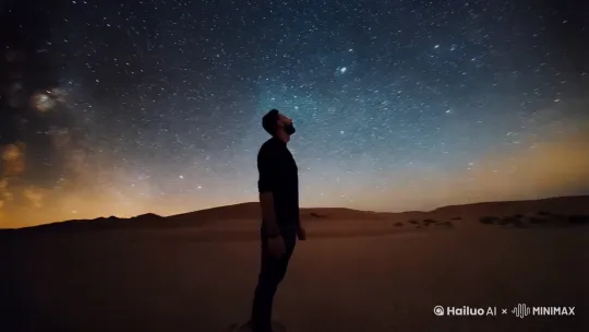 一个男人在沙漠中缓缓抬头望向满天繁星 by Hailuo AI Video Generator