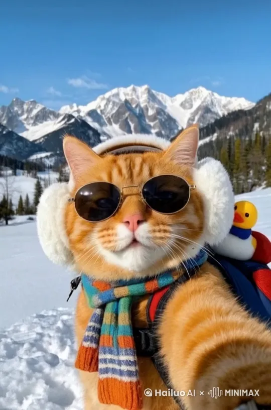 猫猫自拍中，用不同的姿势和表情拍了几张不同的照片，拟人化，镜头对着猫特写 by Hailuo AI Video Generator