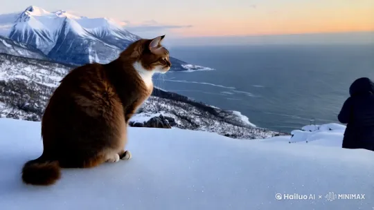 一只猫孤独的坐在冰雪覆盖的地面上，背景是雪山和海洋。远处一个身穿棉衣的人向它走去。 by Hailuo AI Video Generator