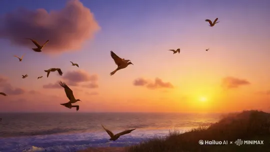 场景：梦幻晚霞海边
人物：飞鸟，蝉，云，海
内容：飞鸟和蝉，云与海之恋 by Hailuo AI Video Generator