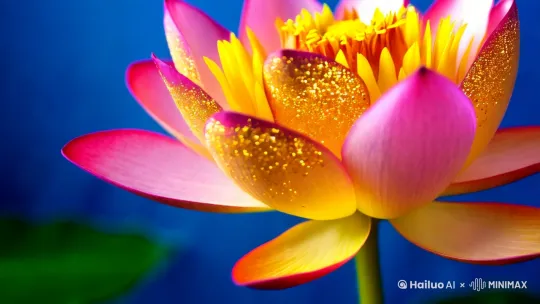图中是一朵色彩绚丽的莲花慢慢绽放，花瓣有粉色、黄色等，带有金色闪光效果，背景为深蓝色。 by Hailuo AI Video Generator