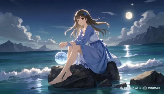 海浪起伏，浪花拍打岩石，女孩头发和裙子随风飘懂，女孩缓慢眨眼 by Hailuo AI Video Generator