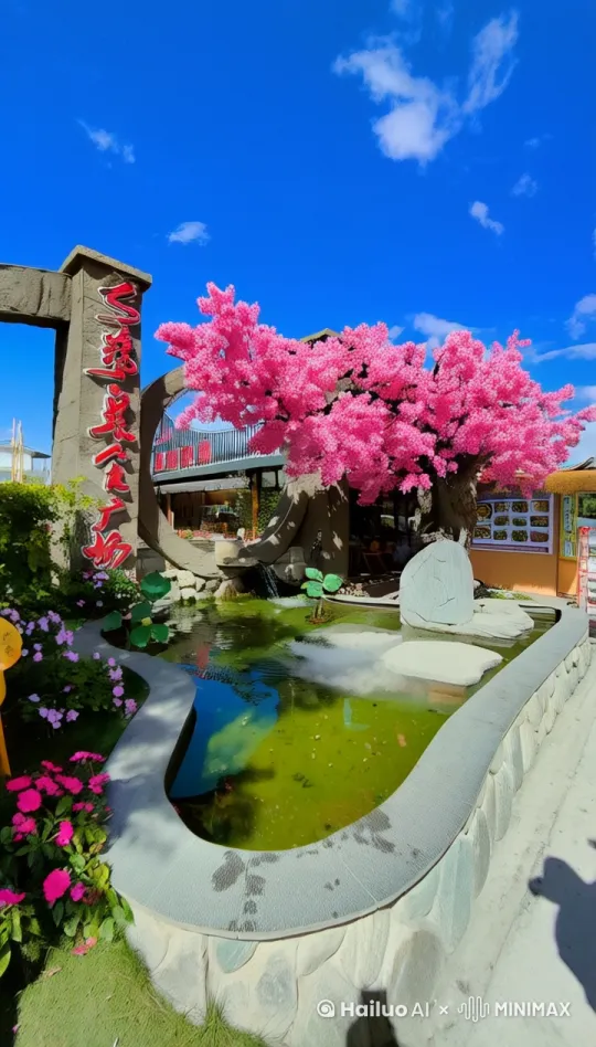 开场镜头：从天空俯瞰，展示整个樱花广场的美景，蓝天白云下，樱花树盛开。
樱花特写：镜头聚焦在盛开的樱花树上，展示樱花的细节，粉色花瓣在阳光下闪闪发光。
樱花飞舞：添加动态效果，让樱花花瓣缓缓飘落，模拟樱花飞舞的场景。
花瓣落入水中：镜头跟随飘落的樱花瓣，展示它们轻轻落入池塘的瞬间，水面泛起轻微的涟漪。
水面倒影：展示樱花树和蓝天白云在水面上的倒影，增加画面的美感。
石头上的字体：在视频中添加特效，让飘落的樱花瓣在石头上形成“S湾美食广场”的字样，字体由花瓣组成，逐渐显现。
环境音效：添加轻柔的风声和水声，以及樱花瓣飘落的声音，营造宁静和谐的氛围。
背景音乐：选择一段轻松愉快的背景音乐，如日本传统音乐或轻音乐，增强视频的情感表达。
结尾镜头：镜头拉远，展示整个樱花广场的全景，樱花瓣在空中飞舞，最后慢慢淡出。
文字叠加：在视频的结尾，添加一些温馨的话语，如“樱花飘落，美食相伴”，增加视频的感染力。 by Hailuo AI Video Generator