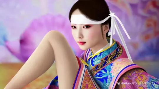 一个3D古风美女，白丝带蒙着眼睛，穿着新中式汉服，大长腿，身材好，动态壁纸，让直男鼻血直流 by Hailuo AI Video Generator