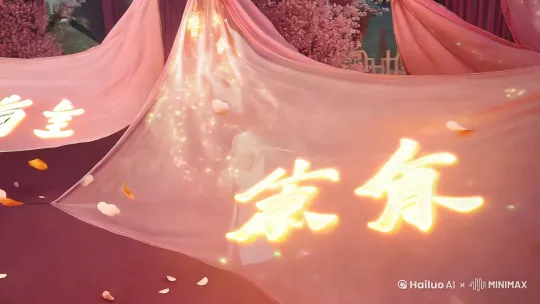 浅粉色，桃红色纱幔写满中国春节书法毛笔字 ，毛笔字闪闪发光，纱幔在空中随风飘逸，满屏的桃花花瓣飞舞其中，浪漫氛围，强烈的立体感，渐变，梦幻，意境，飘逸，一个小小的古装女孩站在画面中央，向上仰望，史诗级宏大场面，震撼感，立体，3D，迪士尼动画电影效果，大师级光效 by Hailuo AI Video Generator
