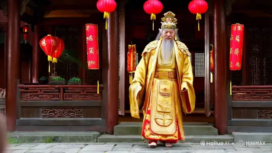 财神打开我家的门，走进来以后从宽大的衣袖里取出一个大金元宝送给了我 by Hailuo AI Video Generator