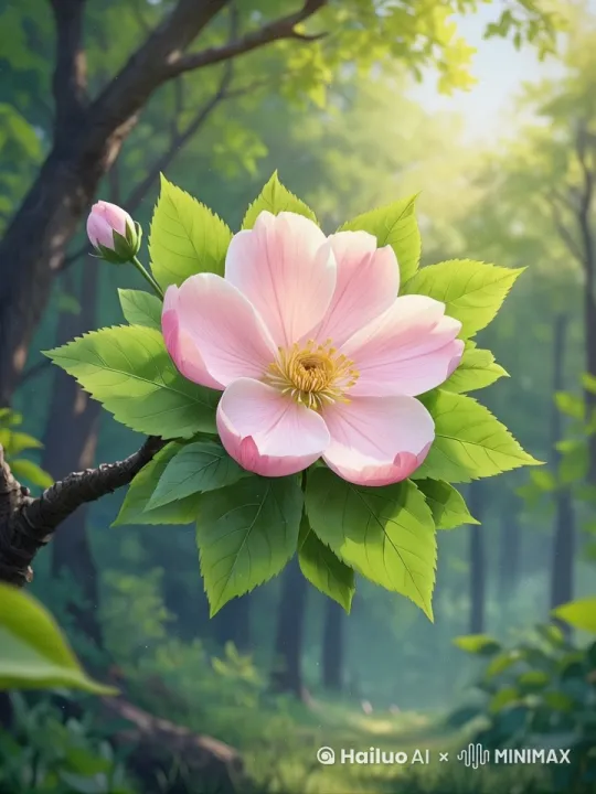 花朵一点点的绽放绽放，花枝轻轻摇摆，小小的小荧光在画面飞舞！ by Hailuo AI Video Generator