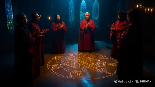 五个人一起围在刚画好的法阵旁，然后他们一起念诵咒语，随后法阵泛起了诡异的血红色光芒，最后一条猩红且粗壮的触手从法阵中央伸出。 by Hailuo AI Video Generator