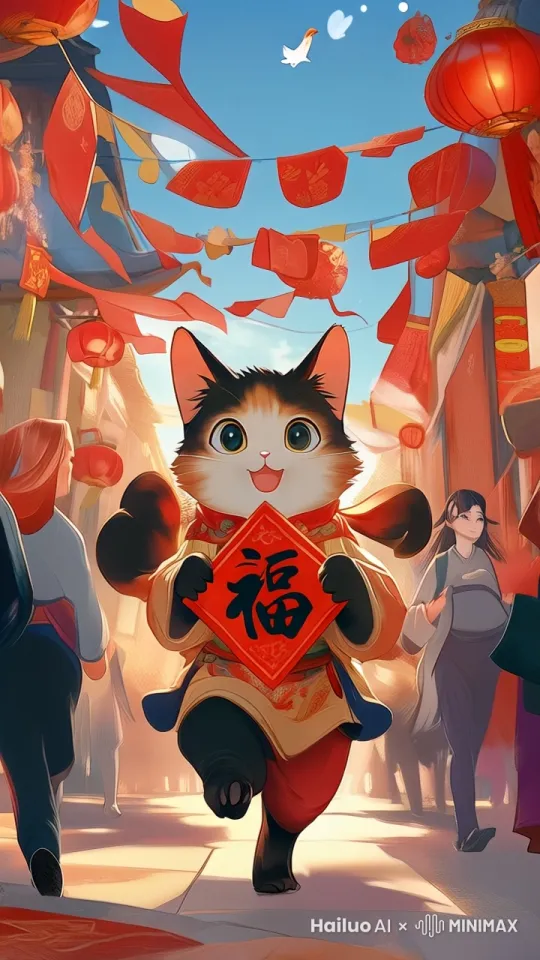 猫举着福字拜年向前跑，背景街道飞速向后变为高山流水都很喜庆，狸花猫举着福字继续向前跑，猫正常眨眼，动漫风格 by Hailuo AI Video Generator