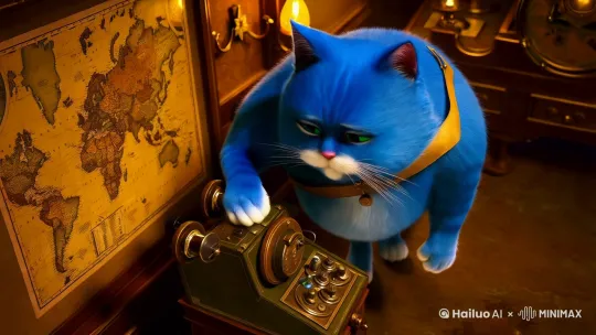 一个蓝胖猫指挥官用军用呼叫器呼叫 by Hailuo AI Video Generator