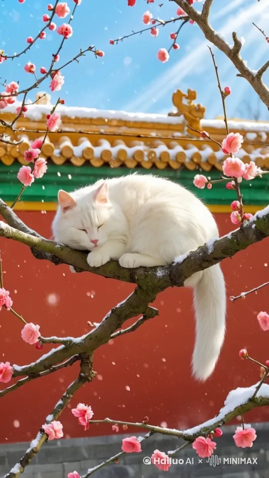 猫的尾巴摇摆着，微风拂来吹动了猫的毛发，安静，治愈，镜头围绕猫运镜 by Hailuo AI Video Generator