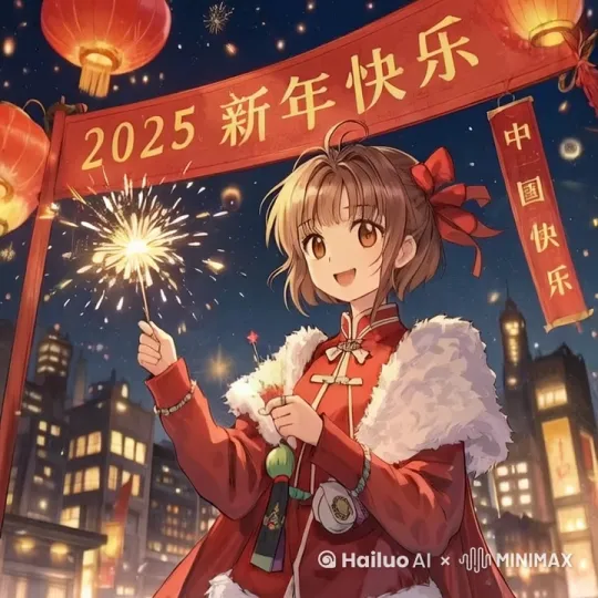 喜气洋洋，灯火通明，烟花璀璨，魔卡少女樱开心的放小烟花，动作流畅自然。特效渲染 by Hailuo AI Video Generator