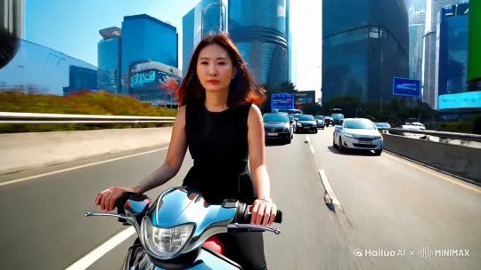 一个中国大妈骑着电动车在公路上狂飙 by Hailuo AI Video Generator