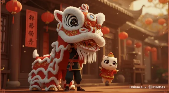 图中白色的小人在向上转动着，手臂摆动着，旁边的舞狮跳动着，很精彩好看 by Hailuo AI Video Generator