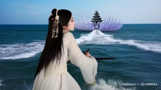 超级写实，影视级别分辨率
海边，风高浪急。一个白衣侠客手持一把汉环首刀，一刀劈开海浪，开辟出一条通往水晶宫的路来 by Hailuo AI Video Generator