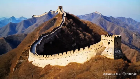 远观:“看长城，像一条长龙，在崇山峻岭之间蜿蜒盘旋。’近观:“ 站在长城. 上，踏着脚下的方砖，扶着墙上的条石，很自然地想起古代修筑长城的劳动人民来。 by Hailuo AI Video Generator