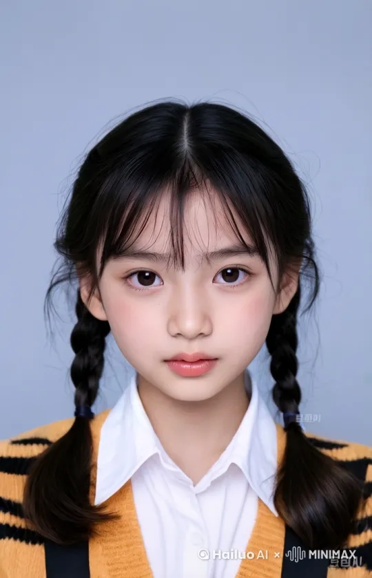 一个清纯少女，扎两个小辫，眼睛充满恋情。小女孩慢慢展开浅浅的微笑，拱手作揖。镜头移动顺滑，逐渐拉到中景定住。背景绽放烟花。宽=720像素，高=1280像素。 by Hailuo AI Video Generator