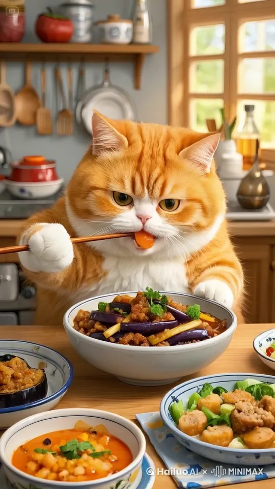 一只橘色的猫，咬住筷子上的食物，开始咀嚼 by Hailuo AI Video Generator