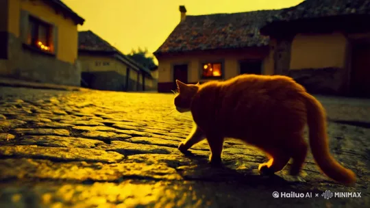 摄影，低角度仰拍，古代武侠风格，黄色调，夕阳下的黄昏，大胖橘猫的背影，缓慢走在小镇的石板路上，石板路反映着夕阳的光泽，周边破败的瓦房阒无一人，有微弱的烛光，不寒而栗的压迫感！高清电影画质32K。 by Hailuo AI Video Generator