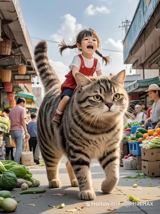 猫带着小女孩，在努力的狂奔。小女孩始终骑在猫的背上，周围的菜叶飞起来。 by Hailuo AI Video Generator
