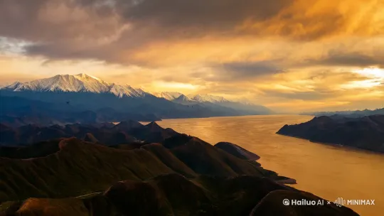 大景  雪山 长江 夕阳下云朵快速风云变幻 暖色调 里面没有任何人物  天空中可以飞翔几只野鸟 by Hailuo AI Video Generator