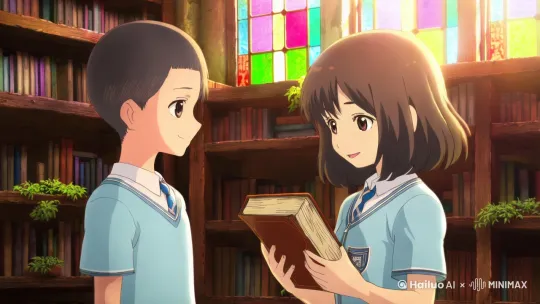 - 主要表现物:短发、笑容纯净的男孩和齐肩短发、眼眸灵动的女孩。
- 场景空间:古朴的校园图书馆,木质书架有着岁月的痕迹,阳光透过彩色玻璃窗,洒下如梦如幻的光影。周围摆放着小巧可爱的绿植,空气中弥漫着淡淡的书墨香与自然的气息。
- 运动/变化:两人同时伸手去拿一本旧书,指尖轻轻触碰,那一刻,时间仿佛静止。他们惊讶地抬起头,目光交汇,脸上泛起微微红晕。
- 镜头运动:固定镜头,细腻地聚焦两人的表情和动作,突出这意外而美好的瞬间。
- 美感氛围:充满惊喜与纯真的氛围,完全呈现宫崎骏画风。色彩以温暖的淡色调为主,如米黄色的阳光、淡蓝色的校服、嫩绿色的植物,画面清新自然,线条简洁流畅,勾勒出人物的纯真与青涩,仿佛从宫崎骏的动画中走出。 by Hailuo AI Video Generator