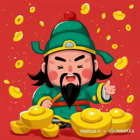 元宝从上面飞下来，财神大笑，手接住一个元宝，元宝变大了 by Hailuo AI Video Generator