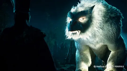一只凶猛的年兽，在漆黑的夜晚，散发着寒冷的光芒，眼神凌厉
 by Hailuo AI Video Generator