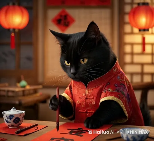 电影级数字合成风格，一只小黑猫化身书法家，身着传统服饰，鼻梁上架着黑框眼镜，坐在桌子后面写春联。桌上有一条已经写好的春联。小黑猫用爪子抓着毛笔持续在春联上写着字，背景是昏黄灯光下的书房一角，窗外夜幕低垂，营造出深夜的独特氛围。微距镜头捕捉小黑猫每一个专注的细节。 by Hailuo AI Video Generator