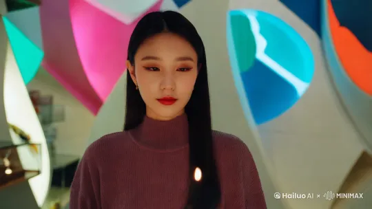一个时尚美女在设计大胆的甜品铺里准备品尝一种以西式烟火形式呈现的中式芋圆甜品 by Hailuo AI Video Generator
