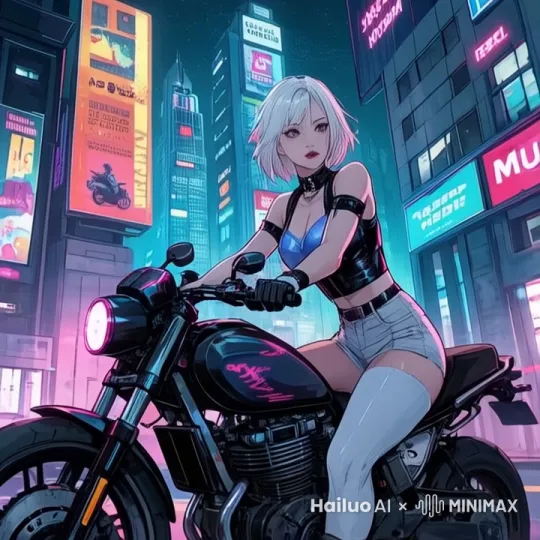 白色短发女孩跨上摩托启动，驶上高速。摩托行驶，扭头看 by Hailuo AI Video Generator