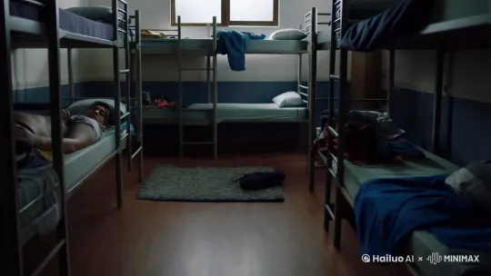 学生宿舍，6张上下铺，宿舍凌乱，没有窗，灯光昏暗，睡觉，床下跪着一个人，动画人物风格 by Hailuo AI Video Generator