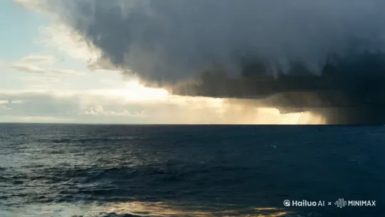 一望无际的大海上，画面近处的海面平静，前方海域天空突然阴沉下来，乌云密布，海面也变得更加汹涌澎湃，乌云飘动，4k，写实风格，电影级画面效果，保持画面风格稳定，细节丰富
 by Hailuo AI Video Generator
