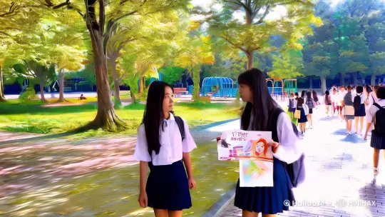 阳光洒在校园，女主林悦走进校园，四处张望，满是期待 。轻松校园风背景音乐，夹杂人群嘈杂声 
 教室，好友苏然拿着绘画比赛海报给林悦看 苏然：林悦，这次绘画比赛，你肯定行，试试呗？林悦：我怕发挥不好。 8s 翻书声 
3 近景 林悦望着操场，美术老师路过，留意到林悦 无 5s 操场传来的欢笑声 
4 中景 美术课，老师展示作品，表扬林悦，鼓励她参赛 美术老师：林悦，你很有天赋，大胆参赛，相信自己！ 8s 讲课声，粉笔写字声 
5 特写 林悦眼神从犹豫转为坚定 林悦（内心独白）：老师这么认可我，我要勇敢尝试。 5s 安静几秒 
6 中景 林悦在图书馆查资料，苏然帮忙找书 苏然：这本画册说不定有用。林悦：太好啦，有思路了。 8s 翻书声，图书馆内轻微脚步声 
7 中景 绘画比赛现场，林悦专注创作 无 8s 安静环境声，偶尔的咳嗽声 
8 全景 颁奖典礼，主持人宣布林悦获奖，她惊喜上台，台下同学鼓掌祝贺 主持人：绘画比赛一等奖获得者——林悦！苏然：林悦，你太棒啦！林悦：我做到了！ 12s 热烈掌声，欢快颁奖音乐 by Hailuo AI Video Generator