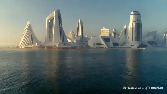 海边的未来城市，全是高大的白色建筑物，早餐的阳光，晴朗，哀伤，庄严，沉重，神秘，海面平静，全景镜头 by Hailuo AI Video Generator