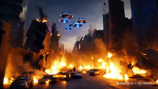Skyscrapers crumble and cars explode in the background, smoke fire billowing. The hero rises slowly, silhouetted against the inferno, and stands ready for battle，A fleet of flying saucers soared through the sky, emanating a faint blue glow within, bearing a distinct cyberpunk style，An absurd scene. A big monster runs out from behind the building.
 by Hailuo AI Video Generator