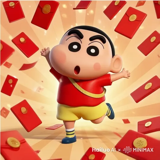 下红包雨，蜡笔小新在抢红包，最后抢到了一个大红包，抱在怀里，亲亲 by Hailuo AI Video Generator