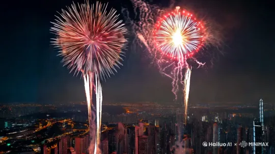 满是烟花的灿烂夜空下，镜头城市摩天大楼的70层的超豪华无边落地玻璃窗摇起，穿过超豪华的大的透明玻璃，镜头特写着繁花似锦的绽放的烟花，绚烂而隽永。镜头展示一望无垠的现代城市景观后，最后镜头慢慢从远景拉回玻璃，拉回近景，镜头对准站在玻璃窗前孤独身影凝视着城市与绽放的烟火，镜头只是捕捉人物剪影，不展示人物的正面。镜头定格，光与影的交错营造出一种王家卫电影大片风格的氛围。 by Hailuo AI Video Generator
