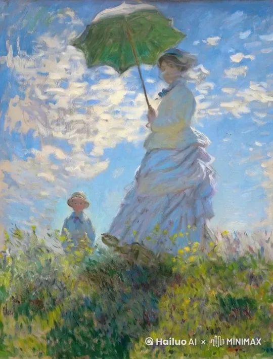 In this impressionist painting, a woman is depicted holding an open umbrella, standing on a grassy hill under a clear blue sky dotted with white clouds. She is dressed in a light-colored dress and hat, suggesting a casual, outdoor setting. To her right, a young boy in a straw hat watches her from the distance, adding a sense of companionship to the scene. The loose brushstrokes and vibrant colors are characteristic of the impressionist style, capturing the fleeting effects of light and color in the natural world. by Hailuo AI Video Generator