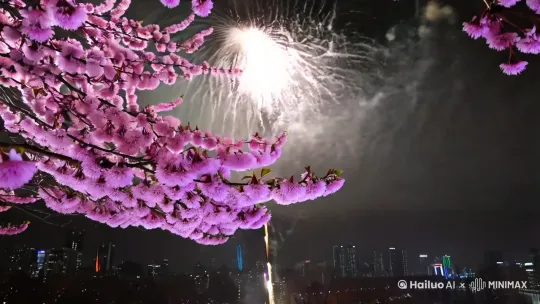 在银装素裹的冬日里，红梅傲雪绽放，爆竹声声脆响，驱散了冬日的寒意，迎来了新春的暖意。空气中弥漫着淡淡的火药香，仿佛是大地对新年的礼赞。夜空中，烟花璀璨绽放，如流星般划过天际，照亮了整个城市。那一瞬的辉煌，仿佛是新年对未来的期许，绚丽而短暂，却令人心驰神往。 by Hailuo AI Video Generator