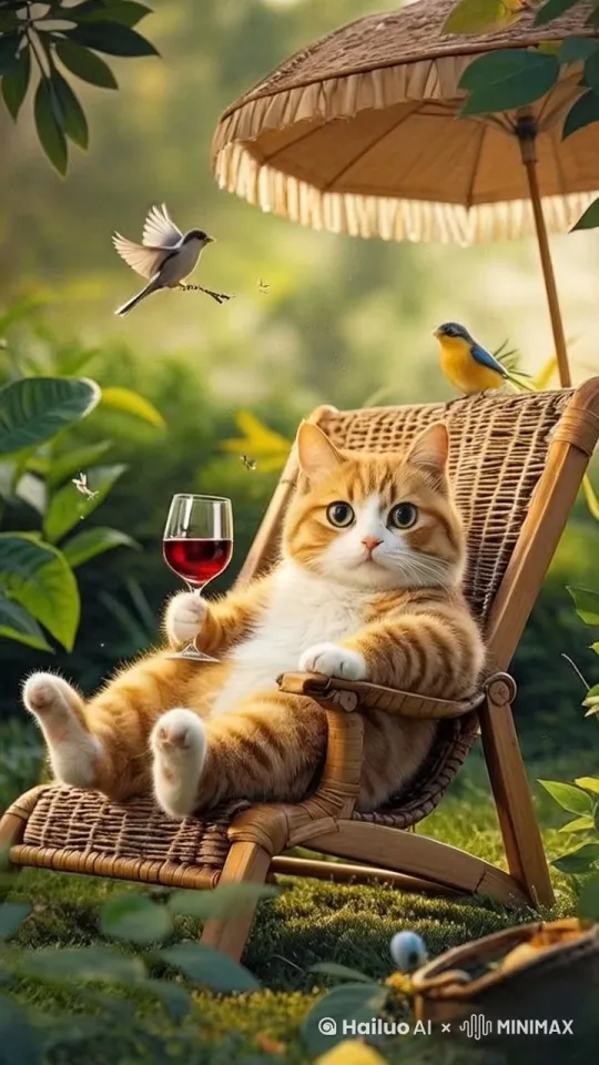 一只小猫拿着一杯红酒，看着镜头，一只小鸟从左边飞来，停在椅子后面 by Hailuo AI Video Generator