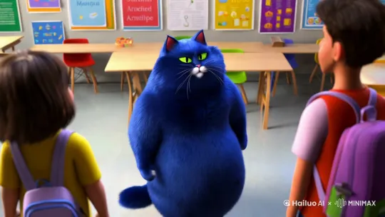 一只蓝色的胖猫人在学校说话 by Hailuo AI Video Generator