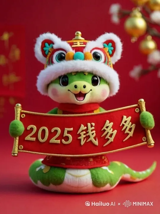 一条小蛇从后往前游向镜头，面带微笑，眨眨小蛇的眼睛，镜头维持固定拍摄小蛇，画面色调偏暖，节日喜庆的氛围 by Hailuo AI Video Generator