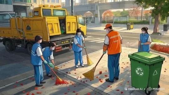 清晨的市区休闲广场晚上，环卫工人和车辆在清理昨晚施放烟花爆竹燃放产生的许多纸屑杂什垃圾，一些穿校服的中学生也参与了清理垃圾的活动。动态自然顺畅丝滑，平稳运镜，保持人物形象的一致性，不出现任何多余的内容。不出现卡顿、模糊、变形、毁容、低质量、扭曲、拼贴、粘黏。 by Hailuo AI Video Generator