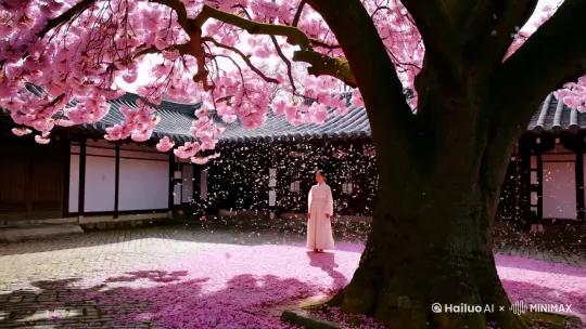 古老的院子中央有一棵樱花树，樱花正在飘落，遍布满地的樱花， by Hailuo AI Video Generator