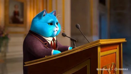 蓝色肥猫穿西装演讲 by Hailuo AI Video Generator