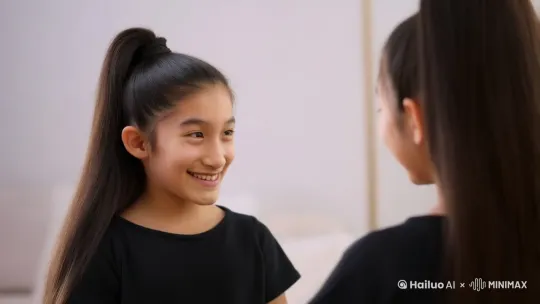 Two identical twin sisters chat, then look at each other and kiss. by Hailuo AI Video Generator